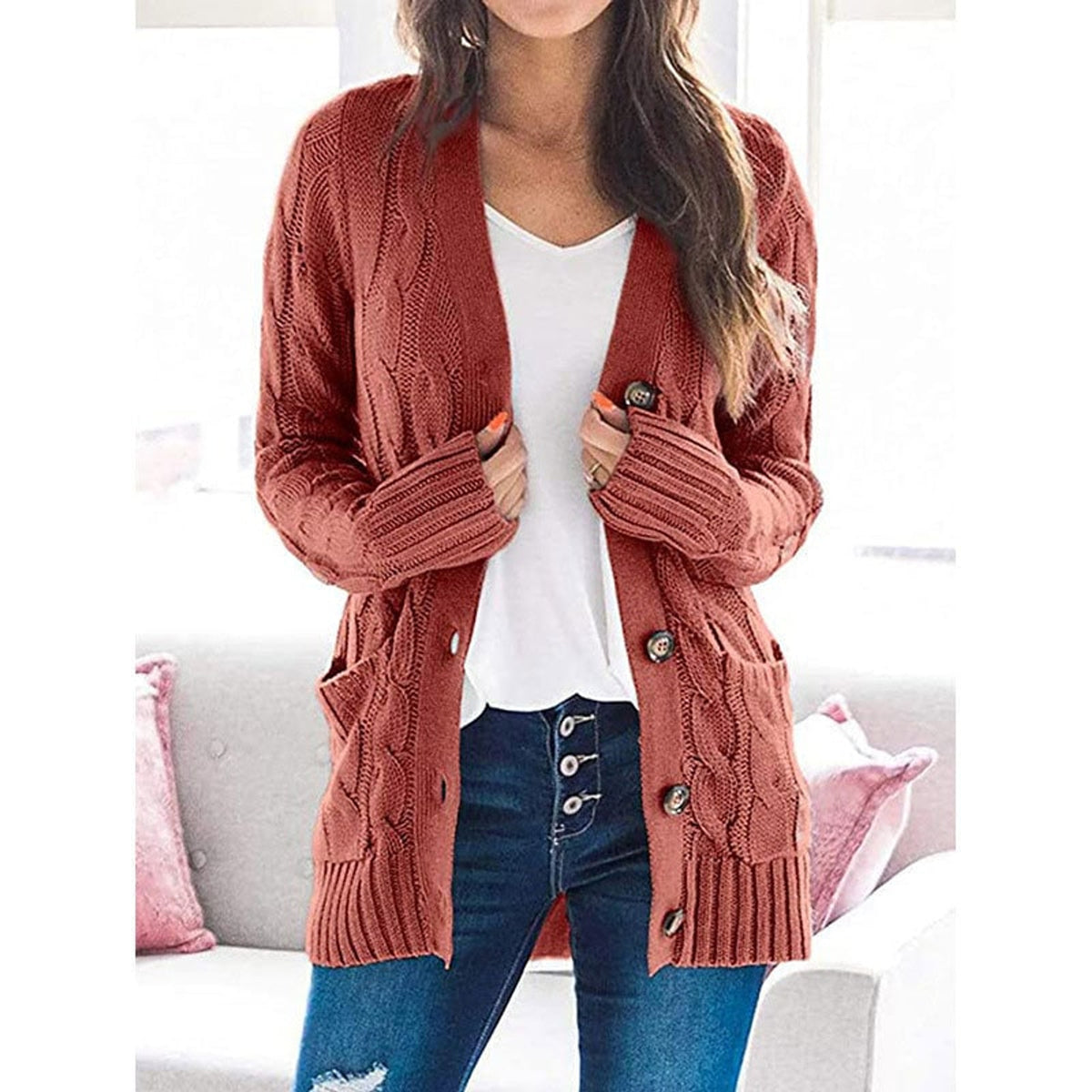 Women's Knit Sweater with Loose Fit and Round Button - Image 2