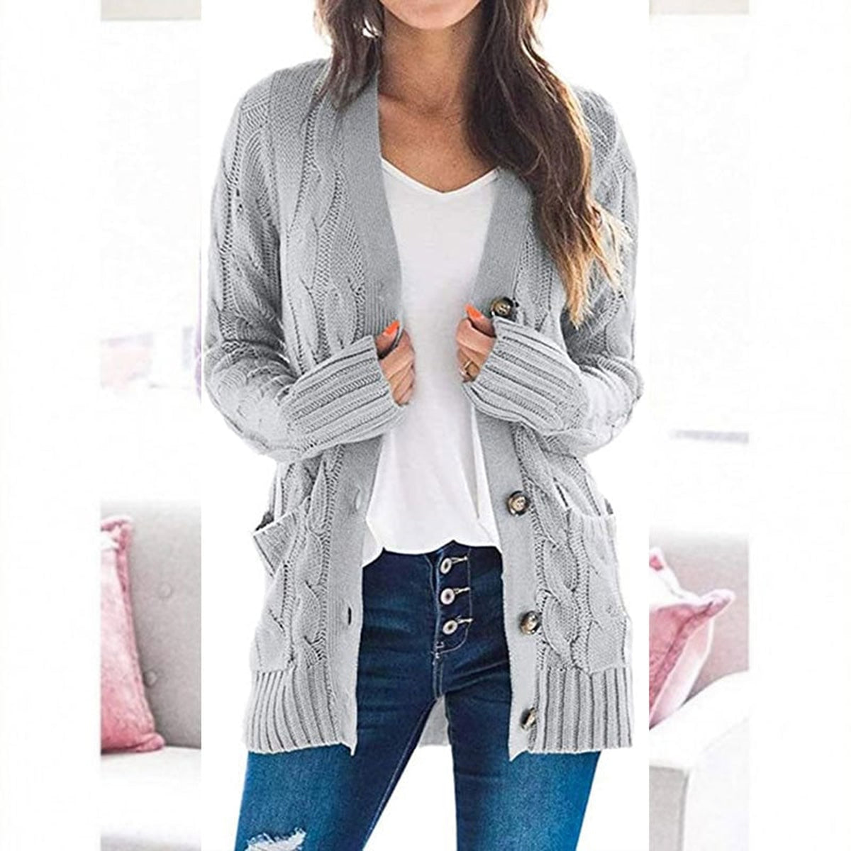 Women's Knit Sweater with Loose Fit and Round Button - Image 3
