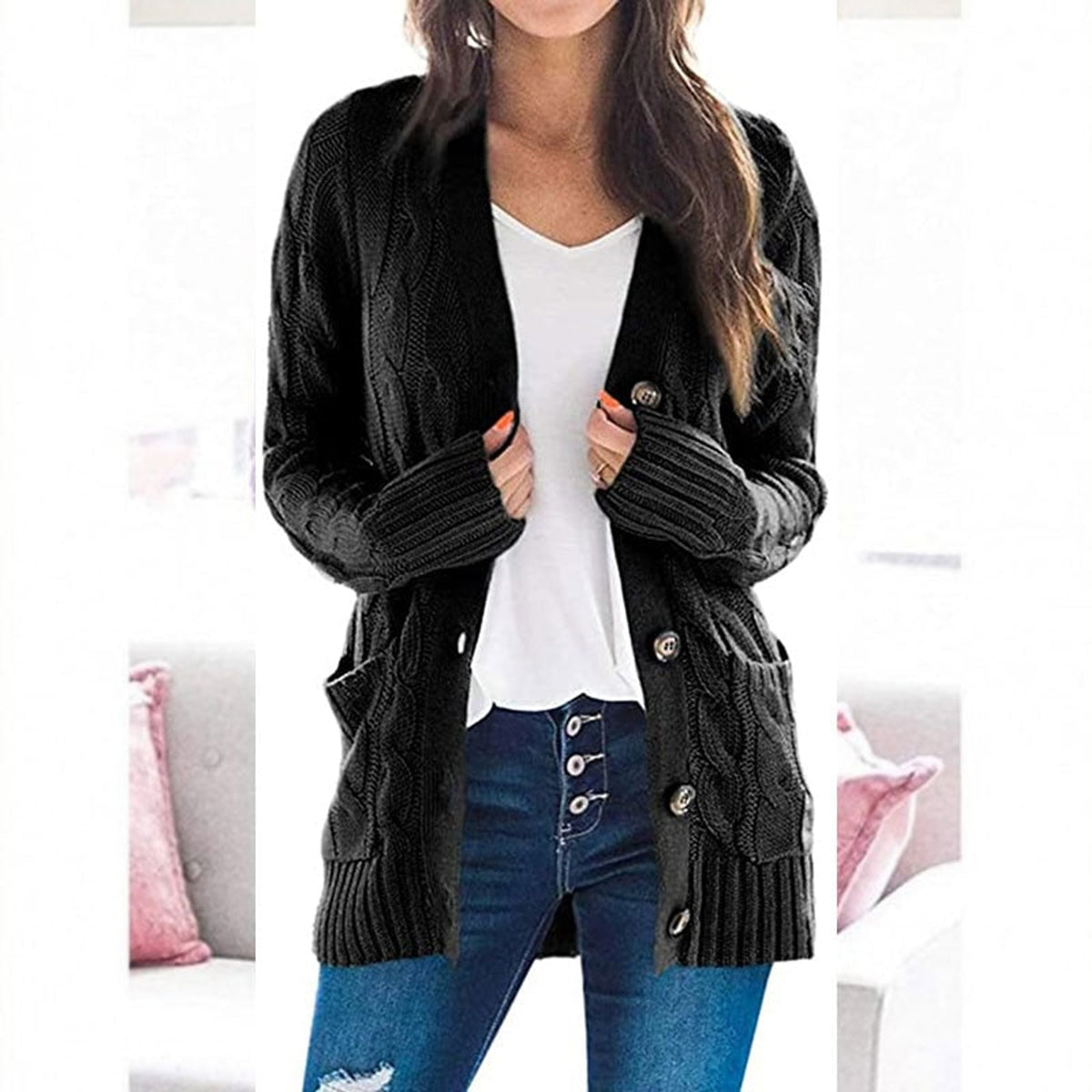 Women's Knit Sweater with Loose Fit and Round Button - Image 6