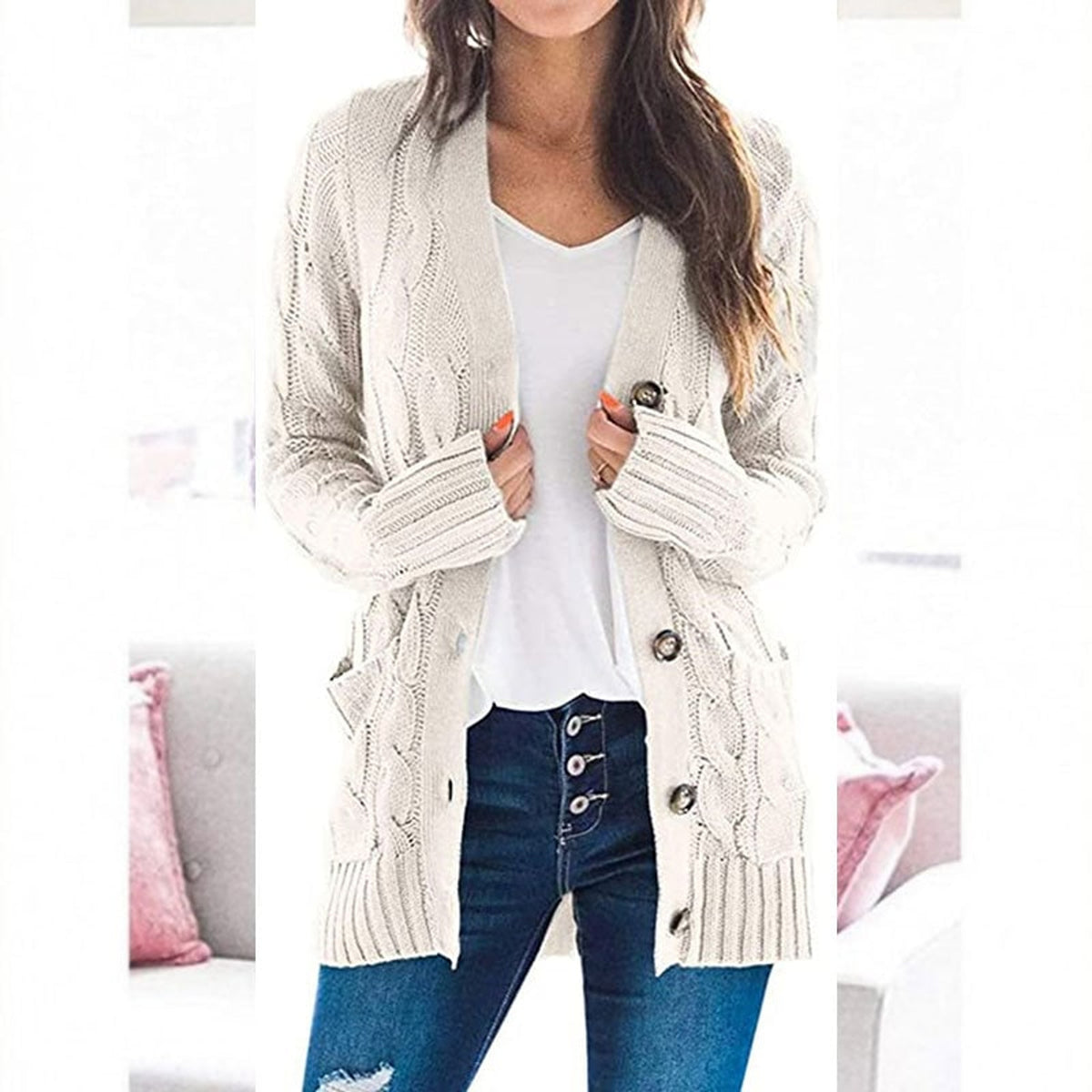Women's Knit Sweater with Loose Fit and Round Button - Image 8