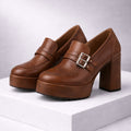 Women's Leather Heels with Supportive Block and Buckle Strap - Image 1