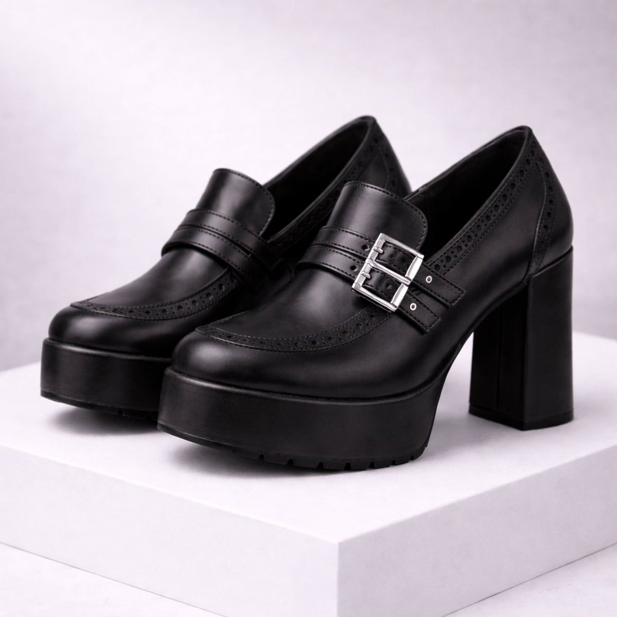 Women's Leather Heels with Supportive Block and Buckle Strap - Image 3