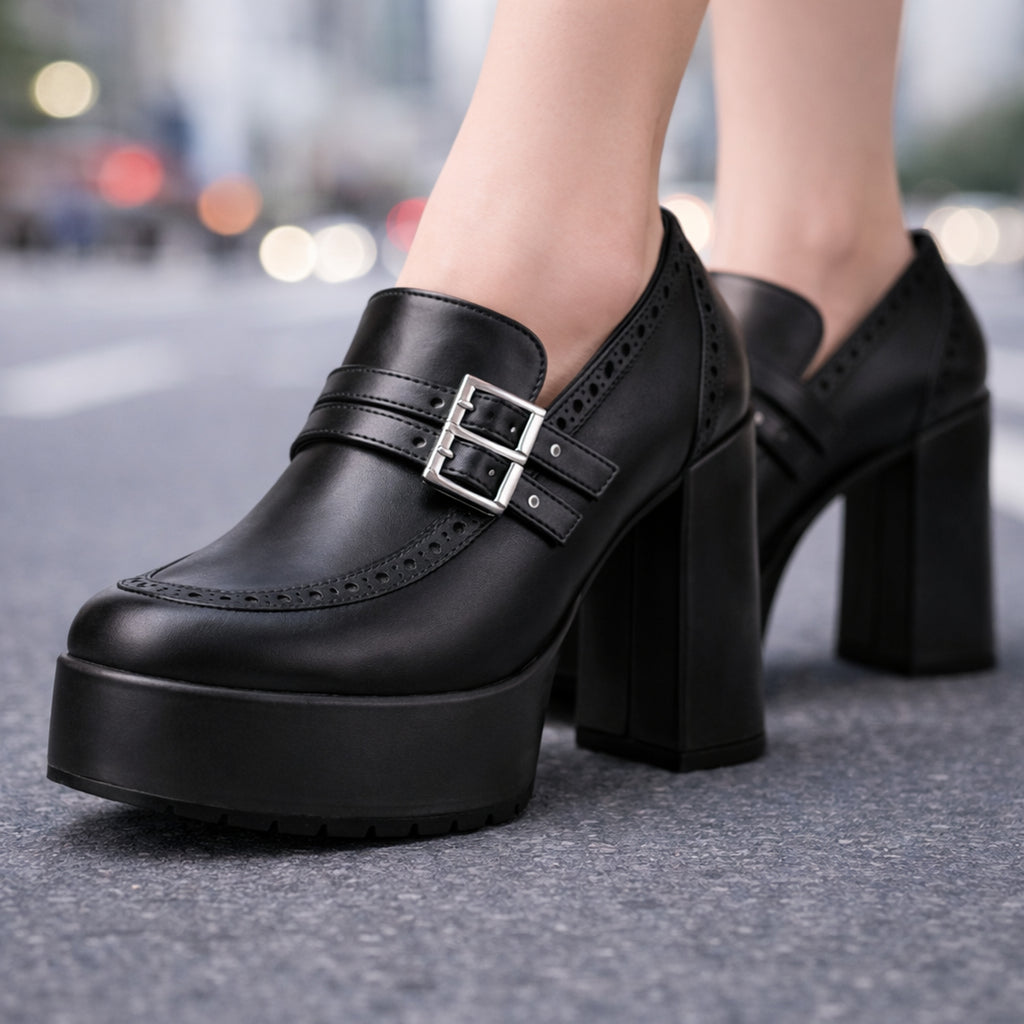 Women's Leather Heels with Supportive Block and Buckle Strap - Image 4