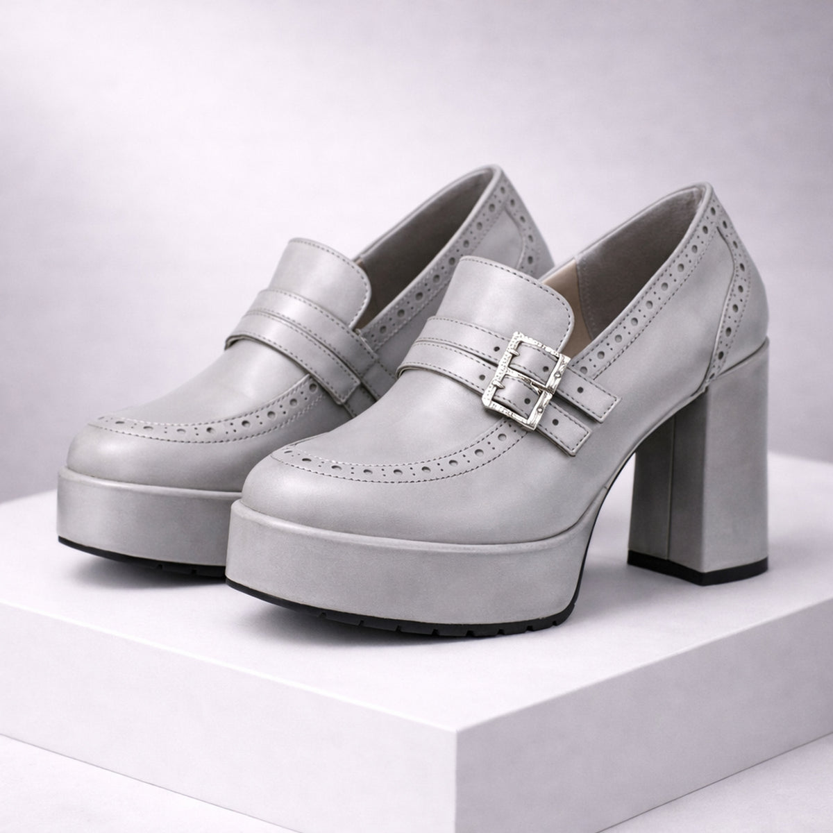 Women's Leather Heels with Supportive Block and Buckle Strap - Image 8