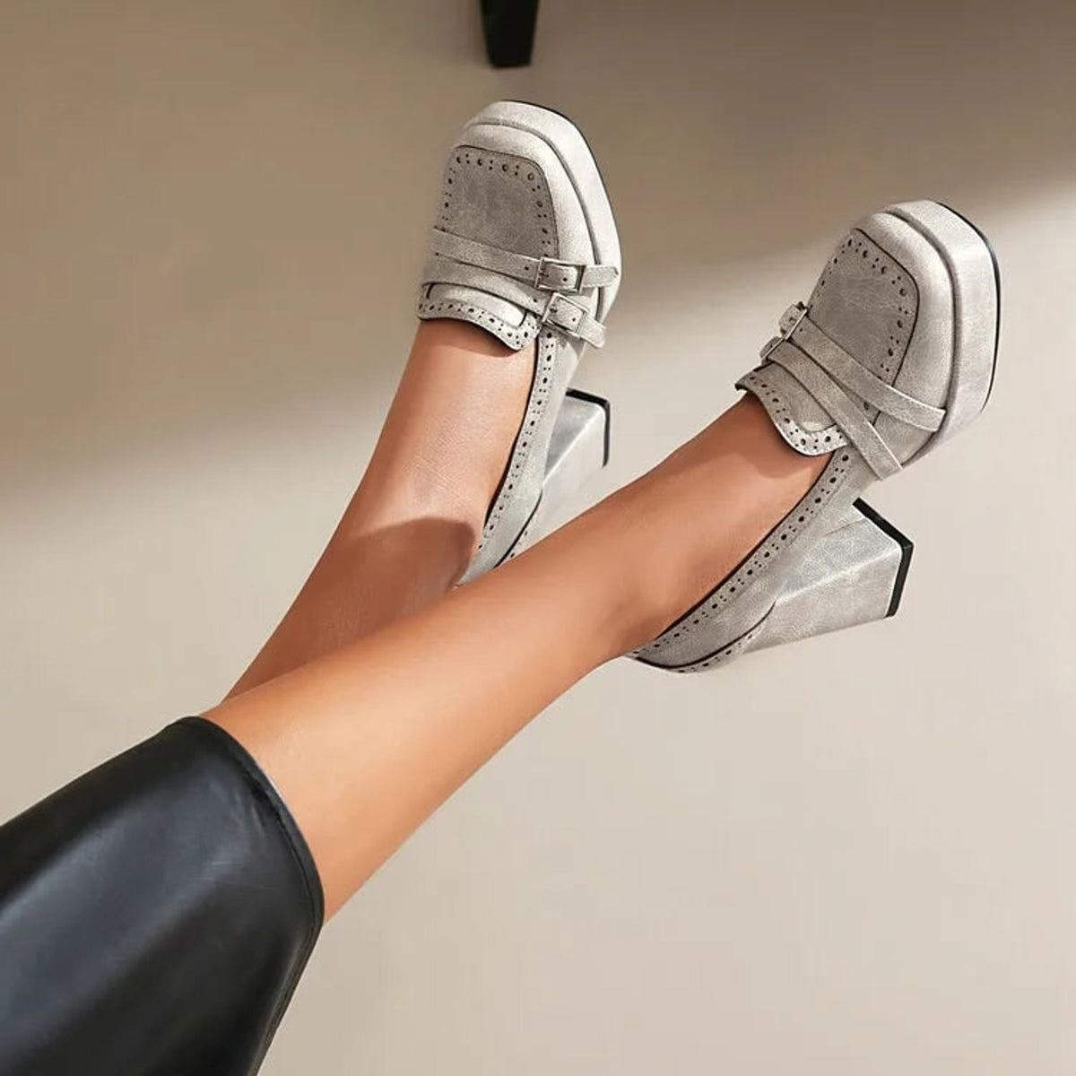 Women's Leather Heels with Supportive Block and Buckle Strap - Image 10