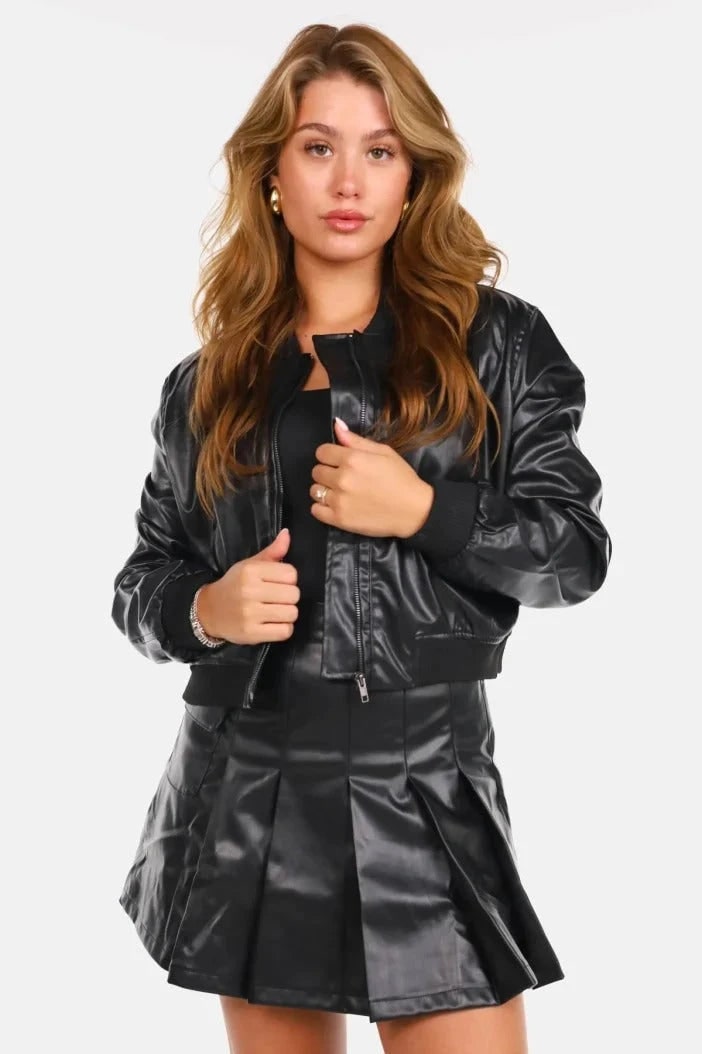 Women's Leather Jacket with Flattering Bomber Fit and Zip Front - Image 3