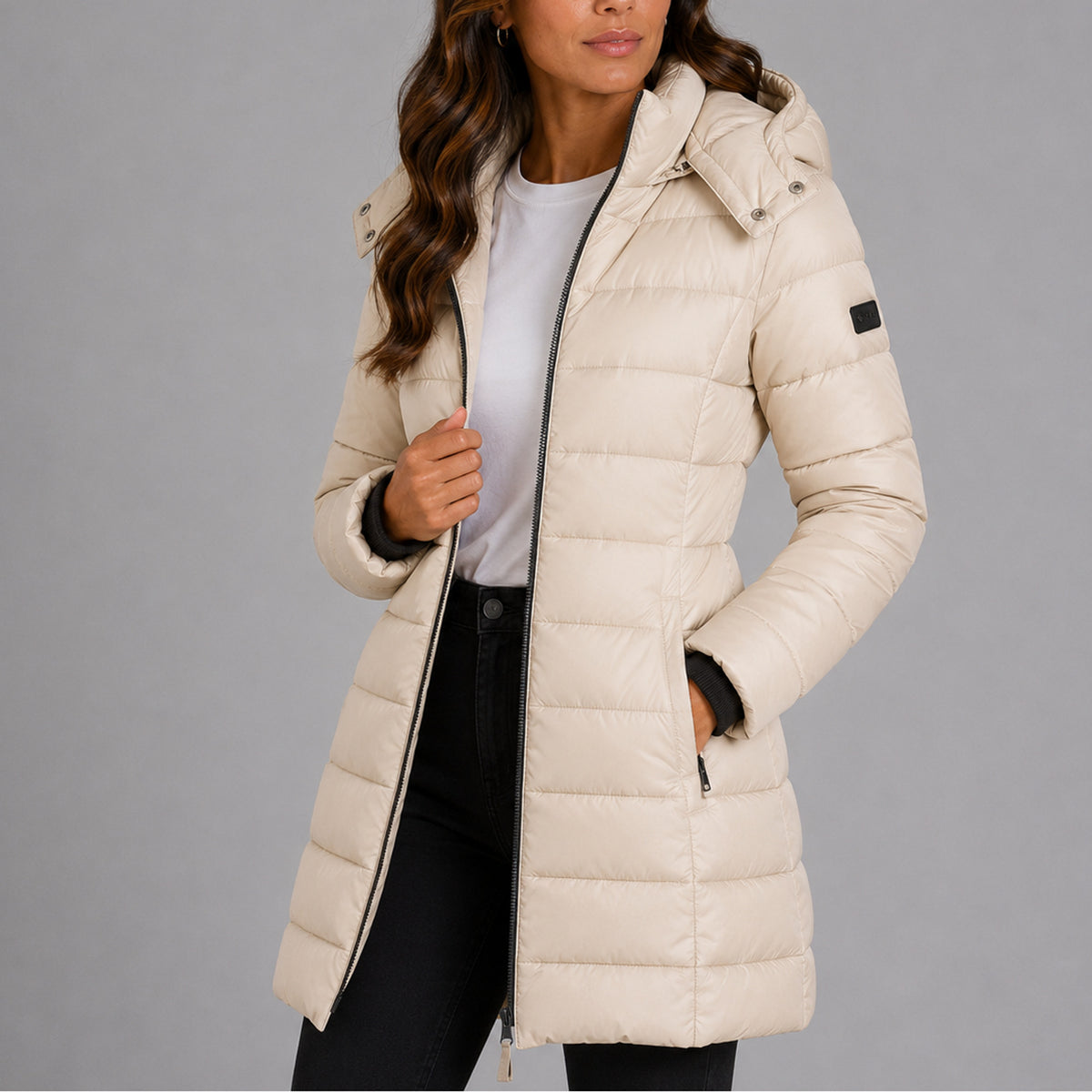 Women's Long Hooded Puffer Jacket With Adjustable Hood And Side Zip Pockets - Image 6