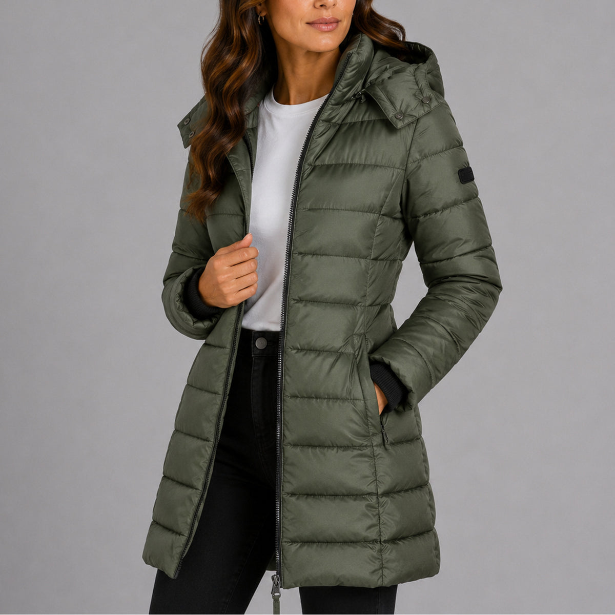 Women's Long Hooded Puffer Jacket With Adjustable Hood And Side Zip Pockets - Image 5