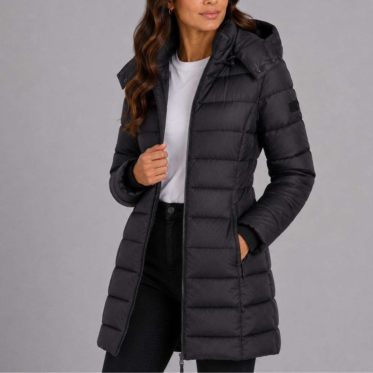 Women's Long Hooded Puffer Jacket With Adjustable Hood And Side Zip Pockets - Image 8