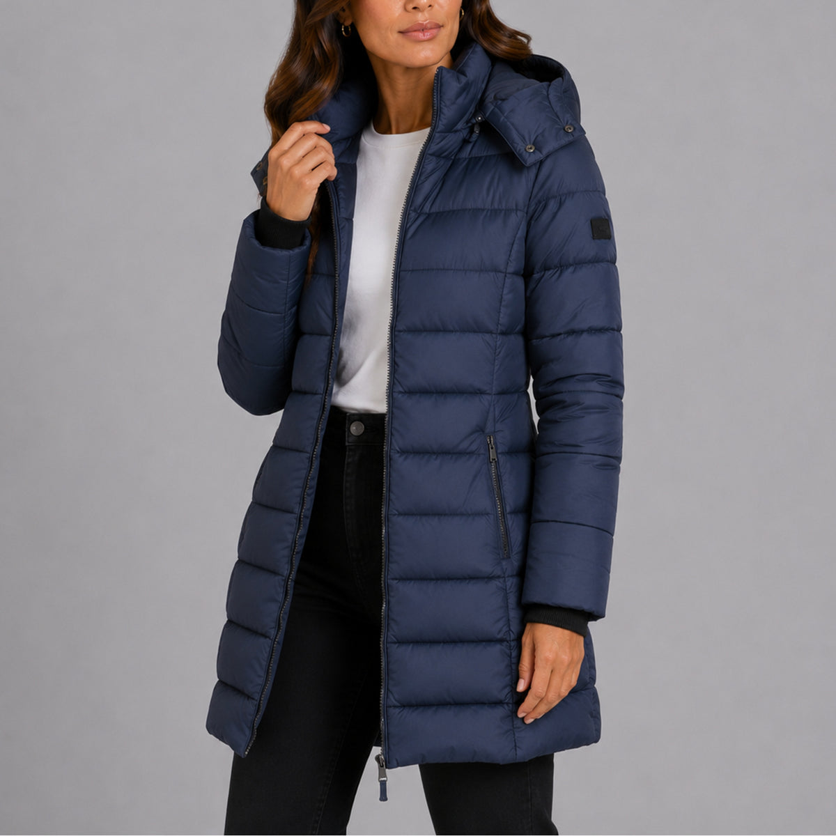 Women's Long Hooded Puffer Jacket With Adjustable Hood And Side Zip Pockets - Image 1