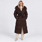 Women's Long Puffer Coat with Adjustable Waist Belt and Hood - Image 1