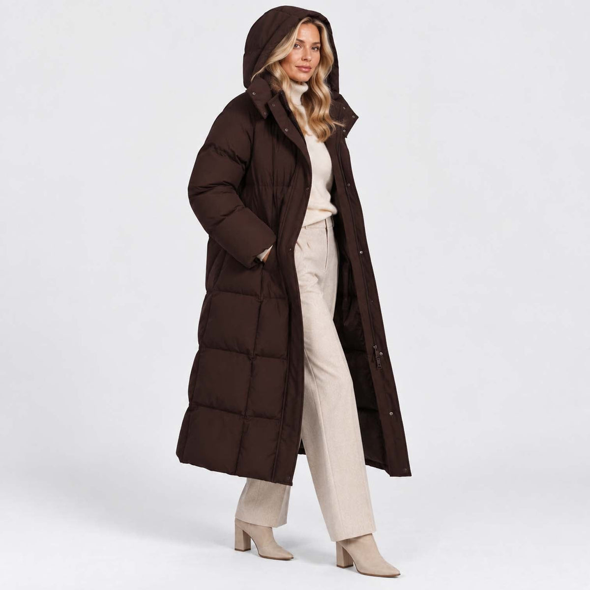 Women's Long Puffer Coat with Adjustable Waist Belt and Hood - Image 2