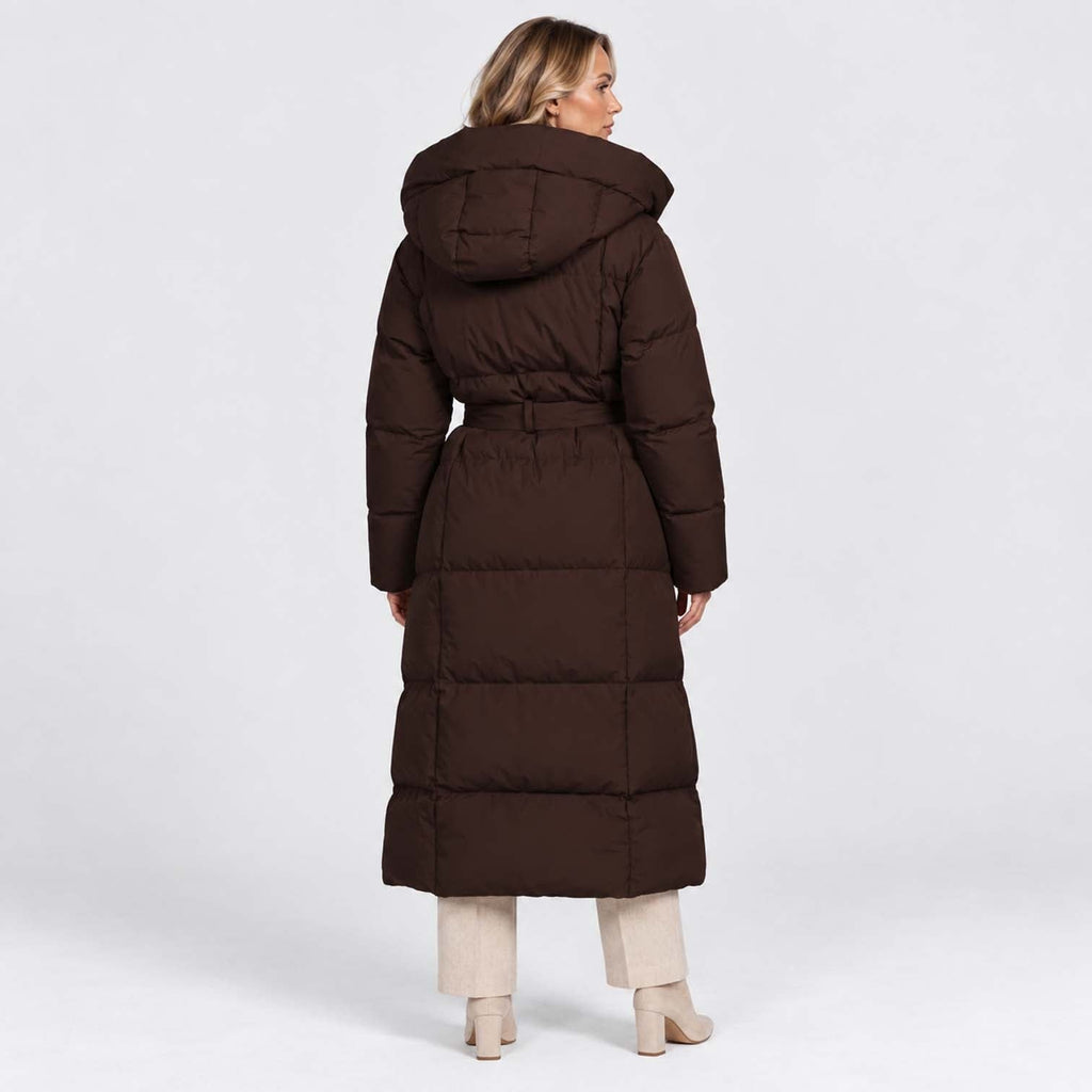 Women's Long Puffer Coat with Adjustable Waist Belt and Hood - Image 3