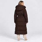 Women's Long Puffer Coat with Adjustable Waist Belt and Hood - Image 3
