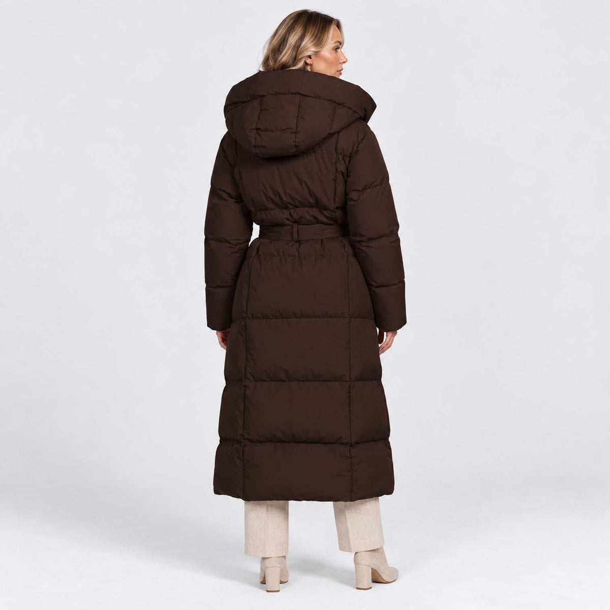 Women's Long Puffer Coat with Adjustable Waist Belt and Hood - Image 3