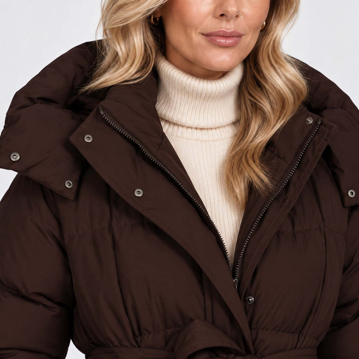 Women's Long Puffer Coat with Adjustable Waist Belt and Hood - Image 4