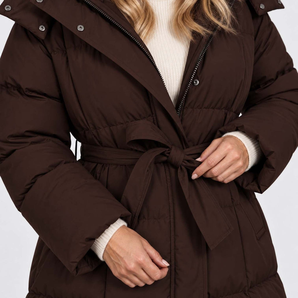 Women's Long Puffer Coat with Adjustable Waist Belt and Hood - Image 5