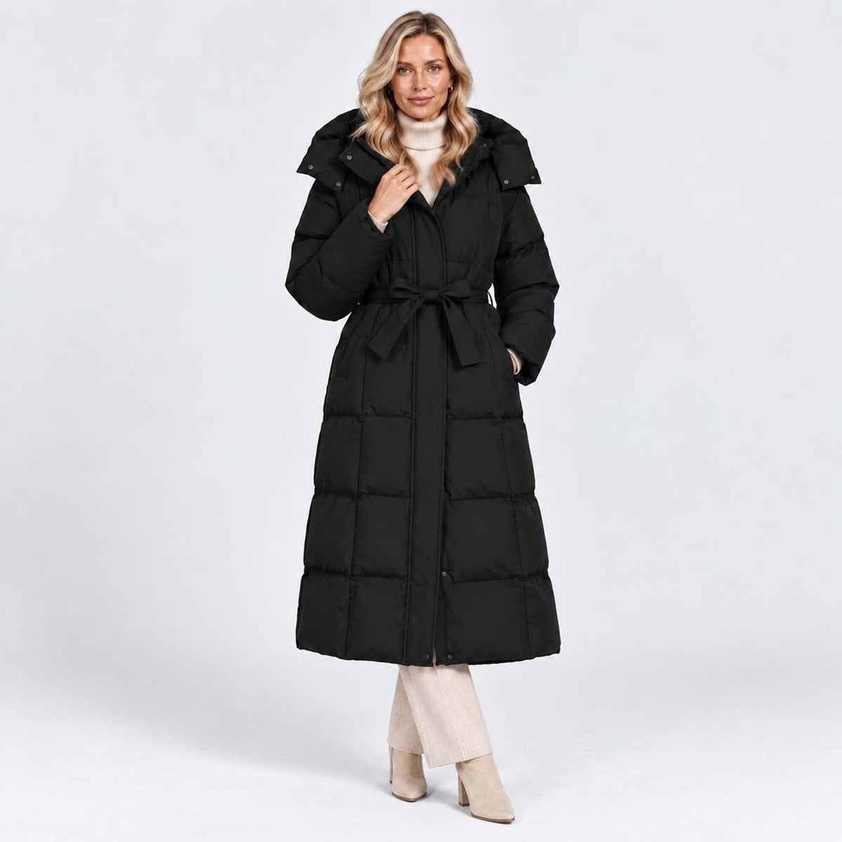 Women's Long Puffer Coat with Adjustable Waist Belt and Hood - Image 6