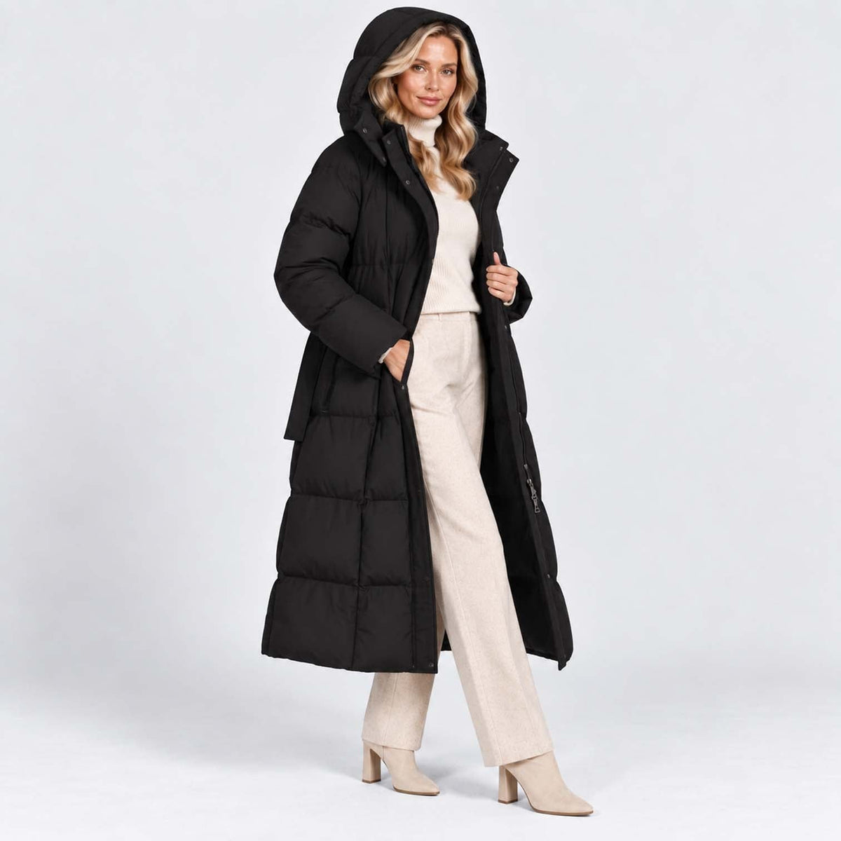 Women's Long Puffer Coat with Adjustable Waist Belt and Hood - Image 7