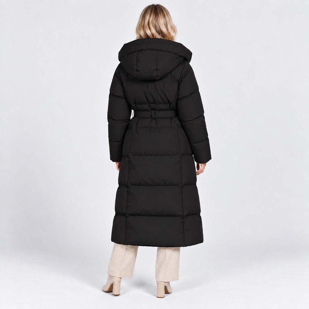 Women's Long Puffer Coat with Adjustable Waist Belt and Hood - Image 8