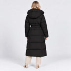 Women's Long Puffer Coat with Adjustable Waist Belt and Hood - Image 8