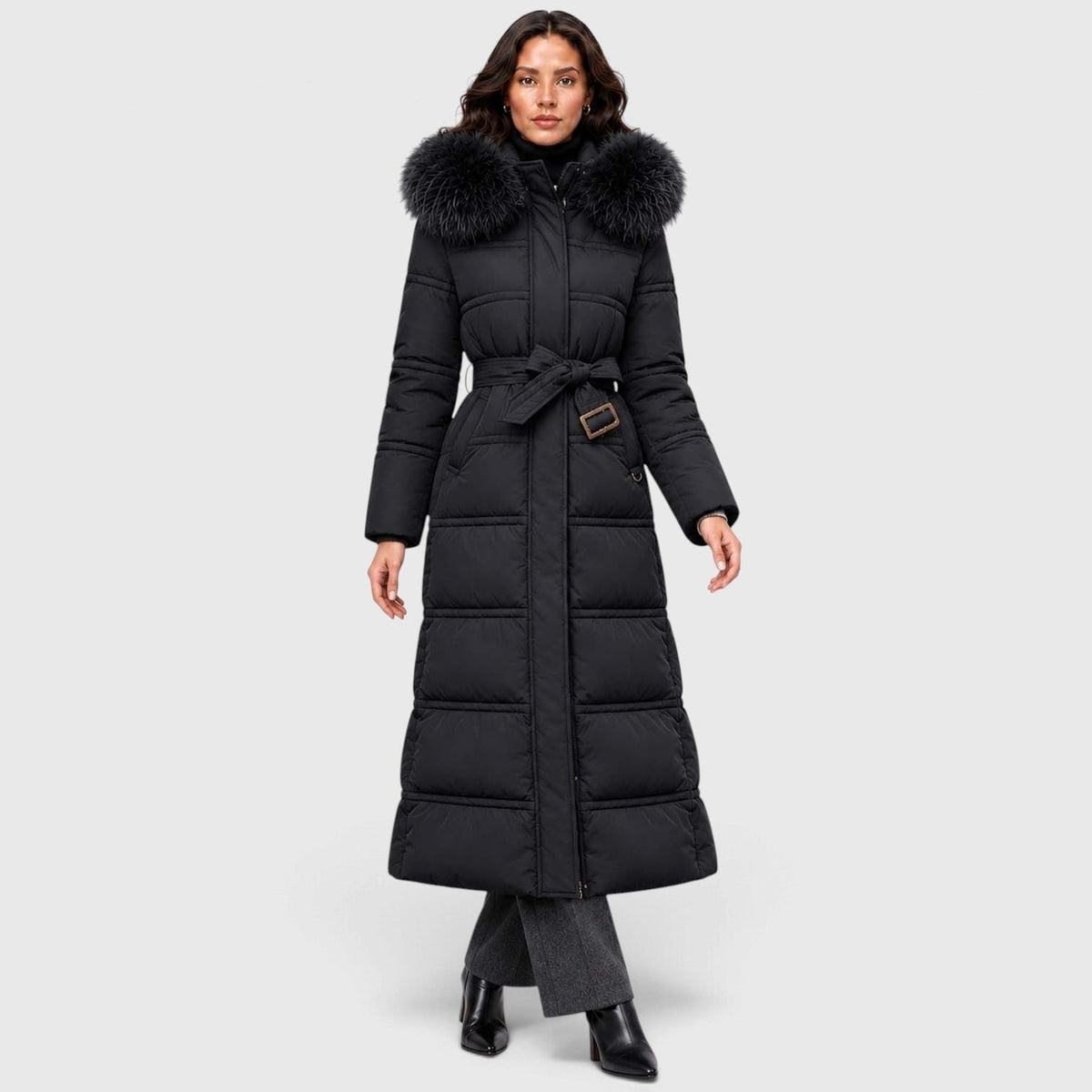 Women's Long Puffer Coat With Fur-Trimmed Hood And Quilted Padded Design For Winter - Image 1