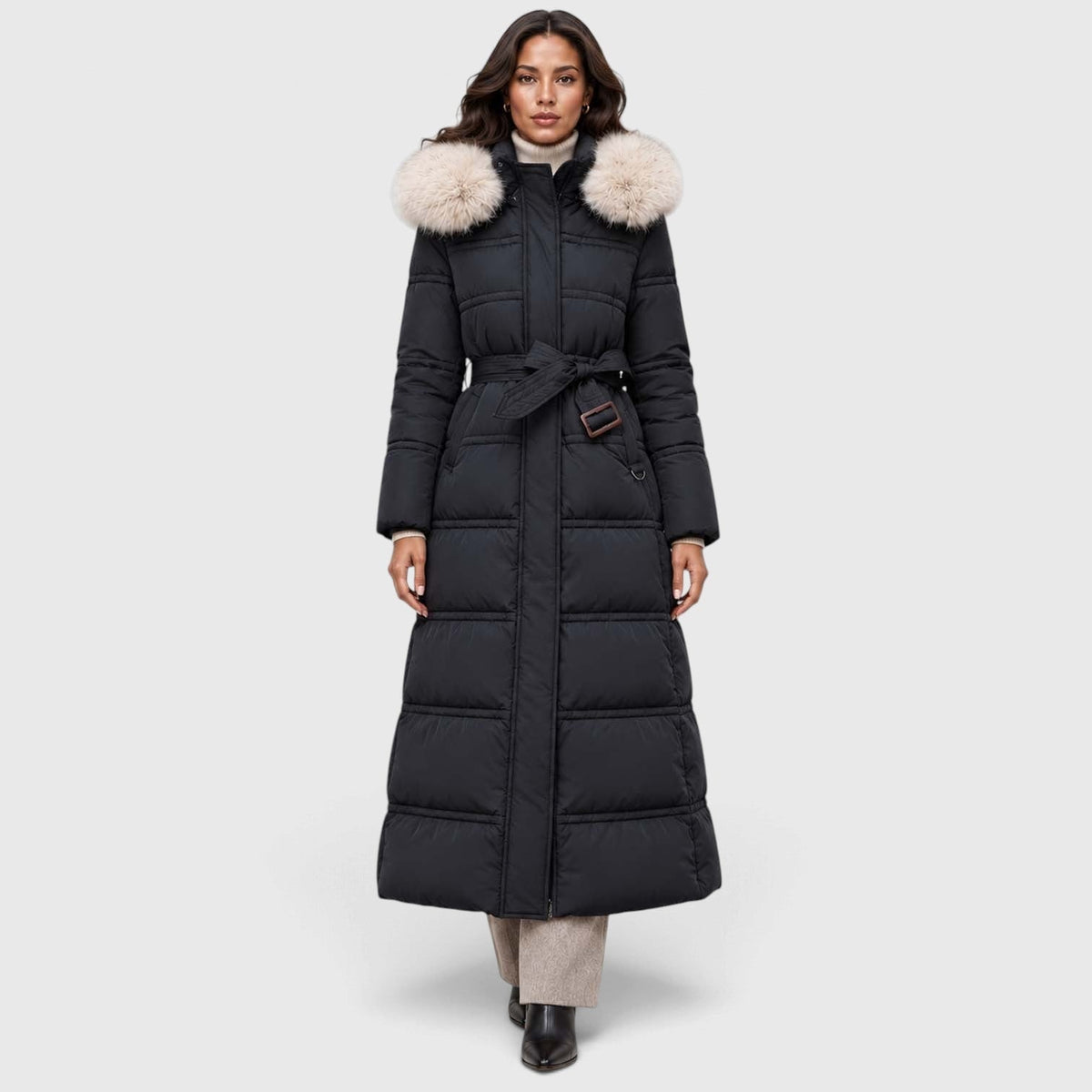 Women's Long Puffer Coat With Fur-Trimmed Hood And Quilted Padded Design For Winter - Image 2
