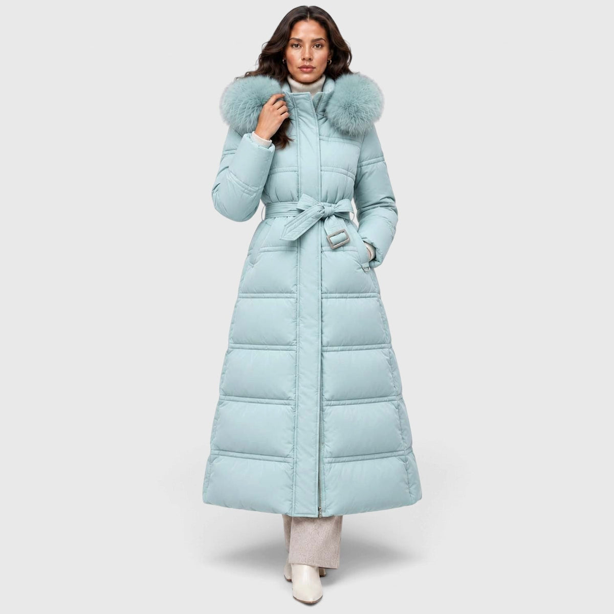 Women's Long Puffer Coat With Fur-Trimmed Hood And Quilted Padded Design For Winter - Image 3