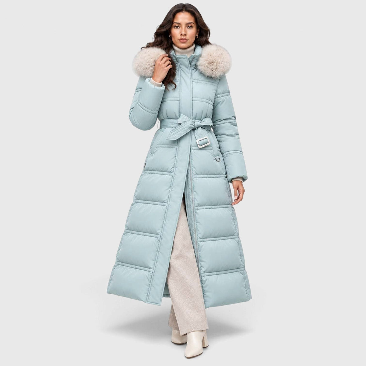 Women's Long Puffer Coat With Fur-Trimmed Hood And Quilted Padded Design For Winter - Image 4