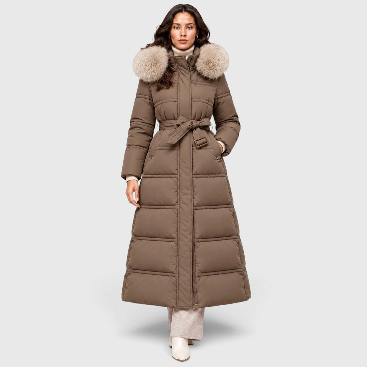 Women's Long Puffer Coat With Fur-Trimmed Hood And Quilted Padded Design For Winter - Image 5
