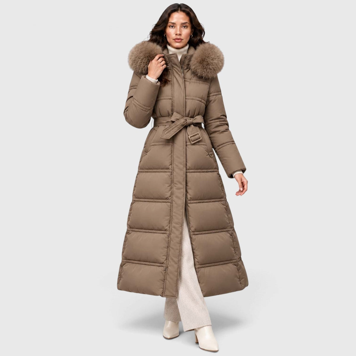 Women's Long Puffer Coat With Fur-Trimmed Hood And Quilted Padded Design For Winter - Image 6