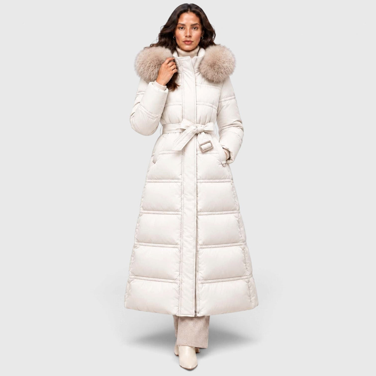 Women's Long Puffer Coat With Fur-Trimmed Hood And Quilted Padded Design For Winter - Image 7