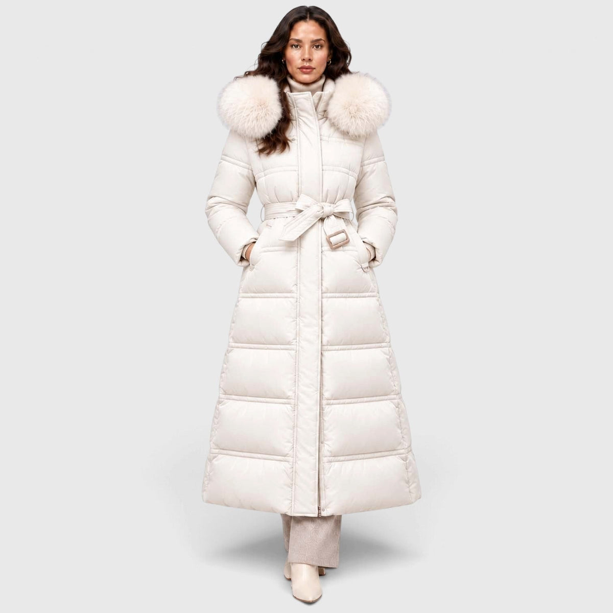 Women's Long Puffer Coat With Fur-Trimmed Hood And Quilted Padded Design For Winter - Image 8