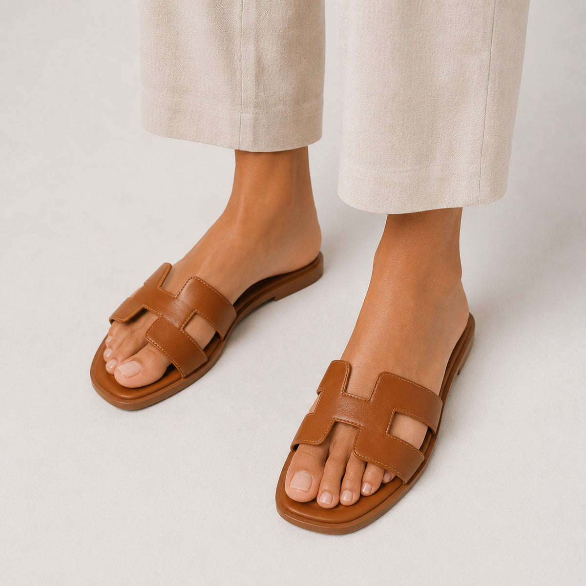 Women's Orthopedic Slide Sandals with Slip-On H-Strap Design and Leather - Image 1