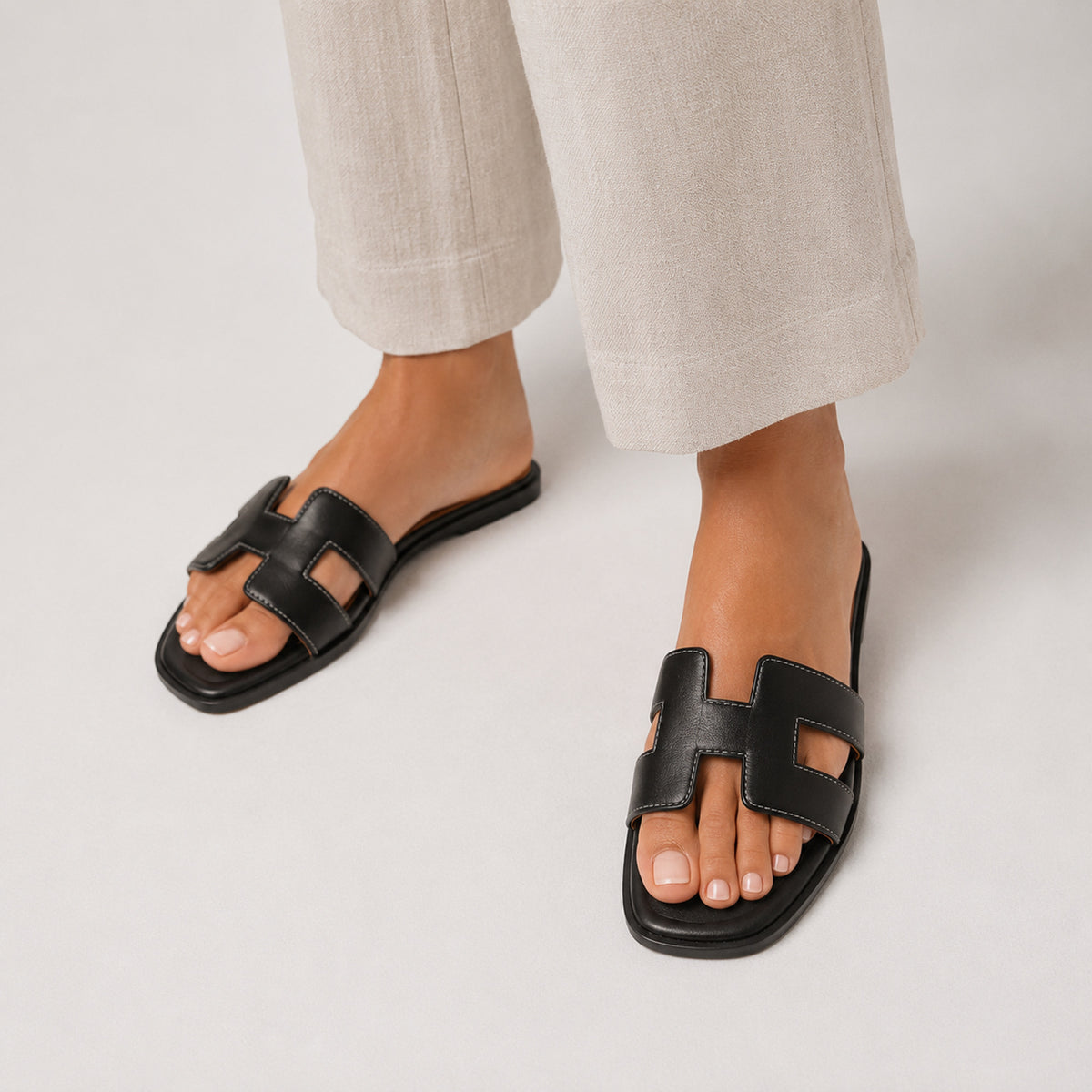 Women's Orthopedic Slide Sandals with Slip-On H-Strap Design and Leather - Image 3
