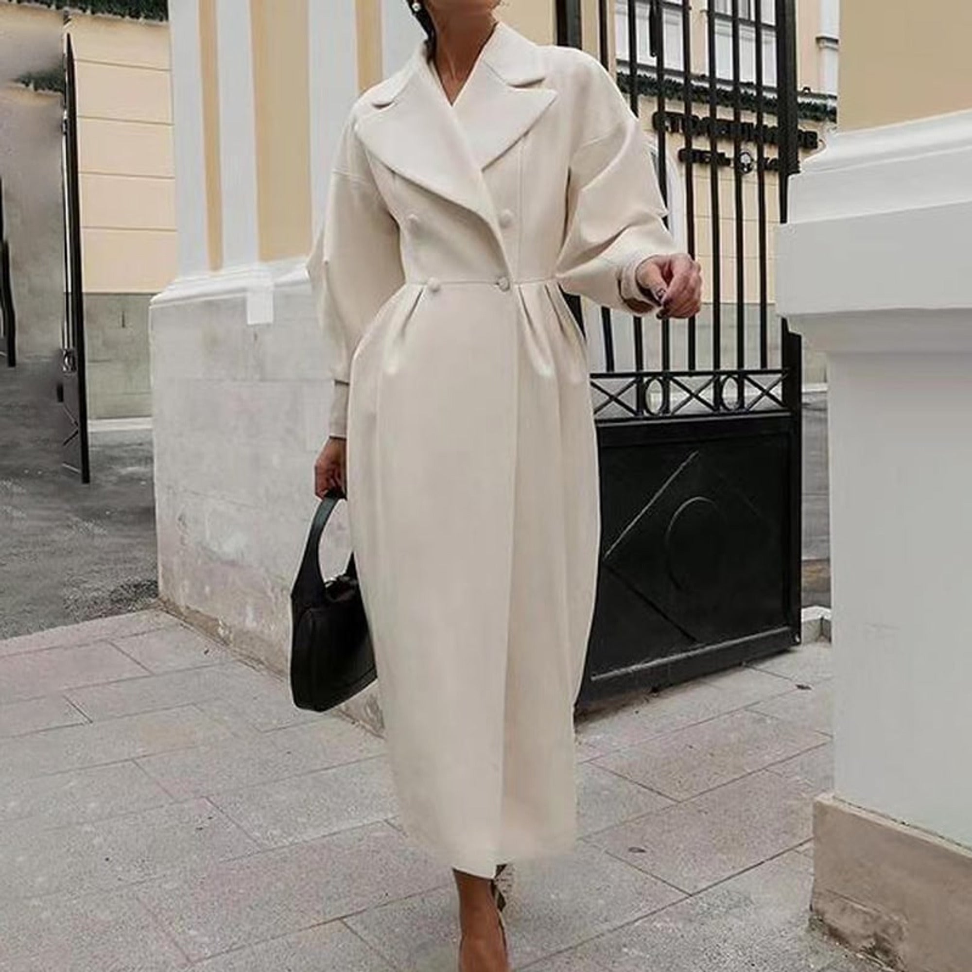 Women's Oversized Trench Coat Double-Breasted Pleated Waist - Image 5