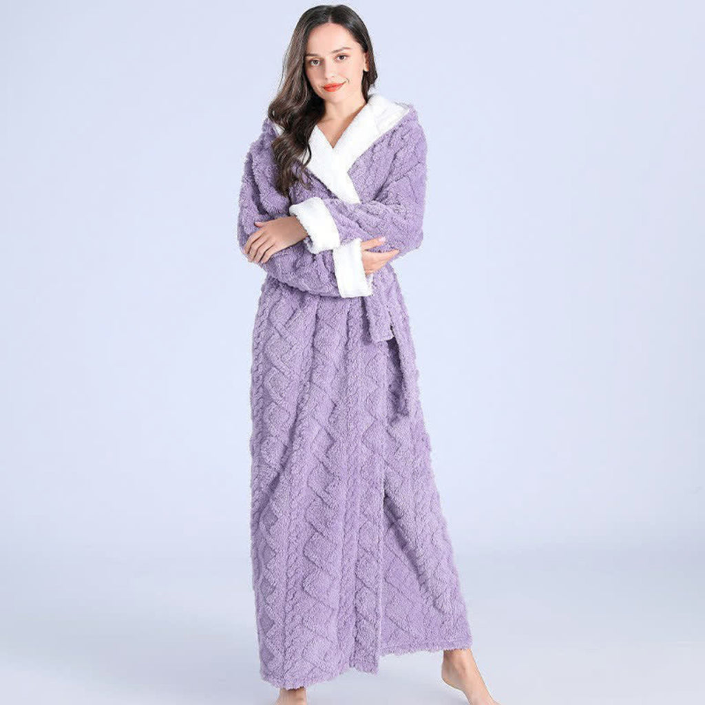 Women's Plush Hooded Robe Long Dressing Gown With Pockets - Image 1