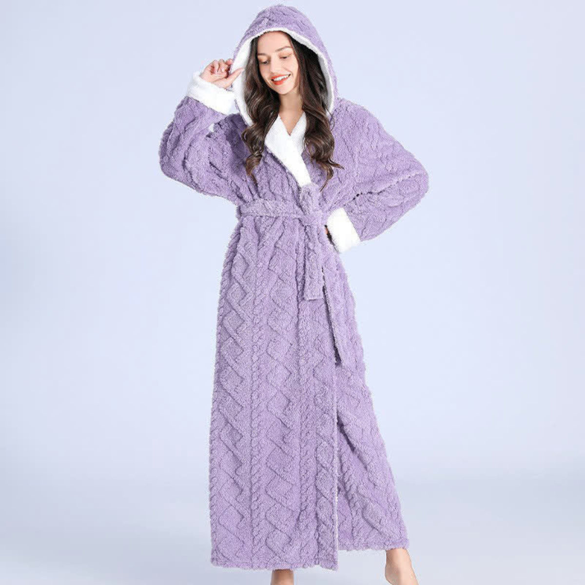 Women's Plush Hooded Robe Long Dressing Gown With Pockets - Image 2