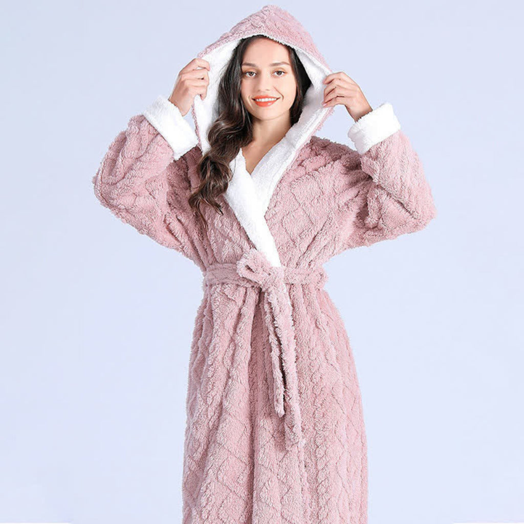 Women's Plush Hooded Robe Long Dressing Gown With Pockets - Image 6
