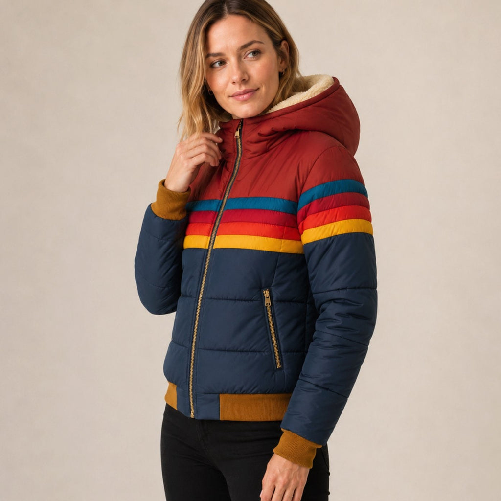 Women's Puffer Jacket with Insulated Striped Design and Retro Stripe - Image 4