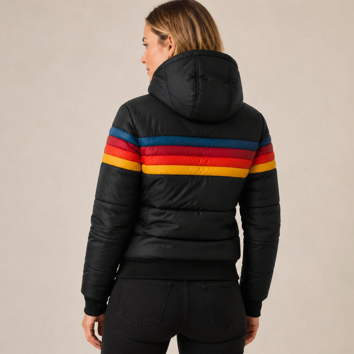Women's Puffer Jacket with Insulated Striped Design and Retro Stripe - Image 5