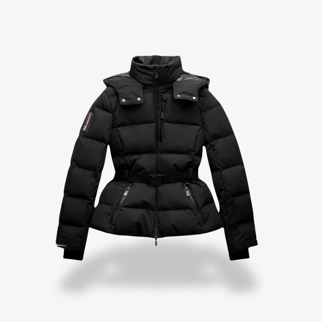 Women's Puffer Jacket with Sculpting Peplum Silhouette and Belted Waist - Image 1