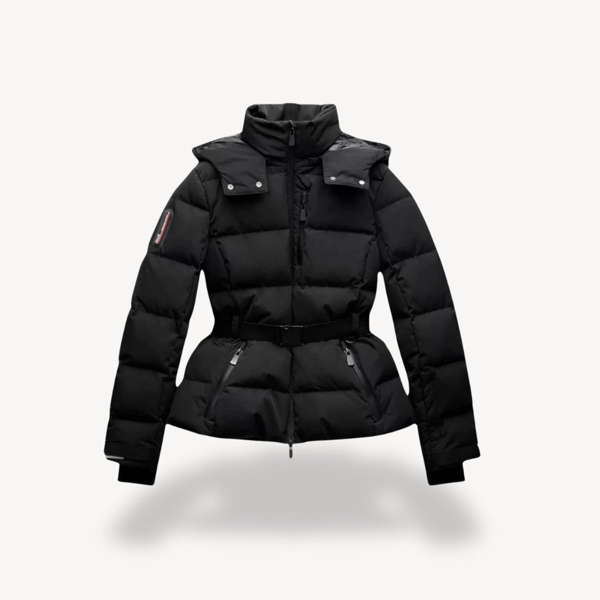 Women's Puffer Jacket with Sculpting Peplum Silhouette and Belted Waist - Image 1