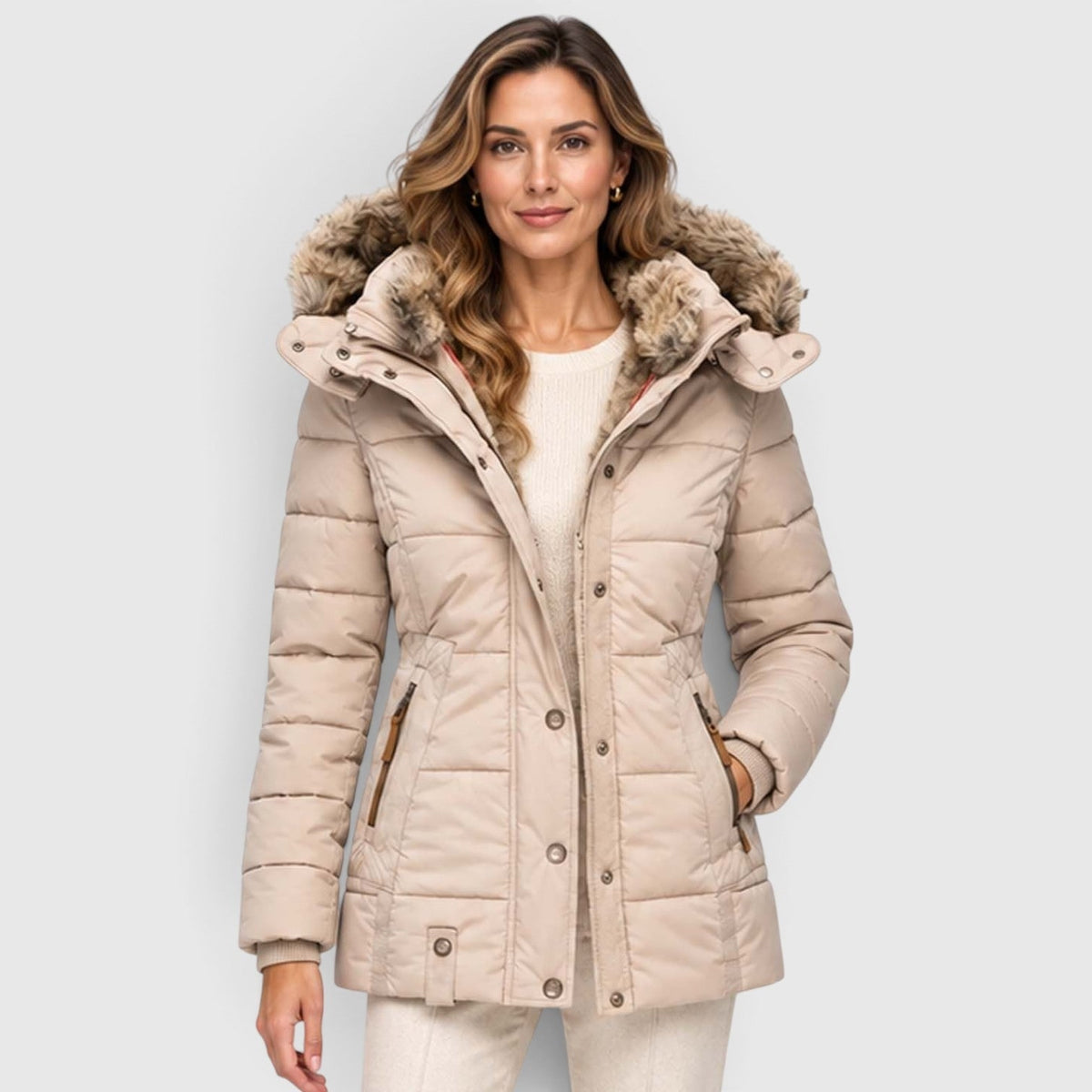Women's Quilted Puffer Jacket With Faux Fur Hood - Image 1