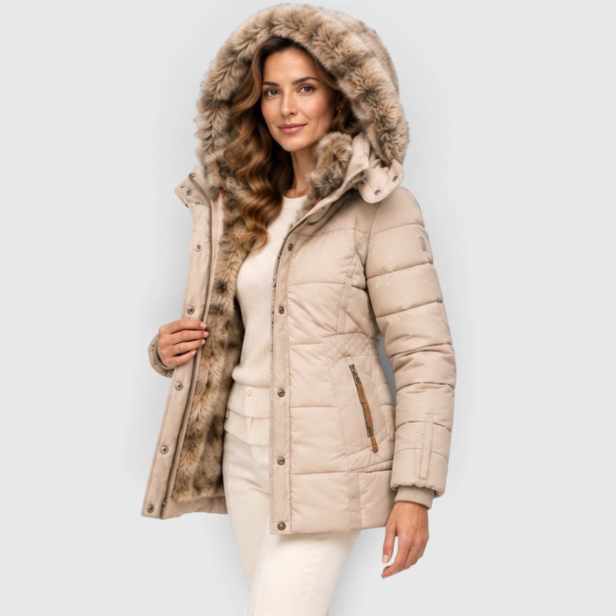 Women's Quilted Puffer Jacket With Faux Fur Hood - Image 2