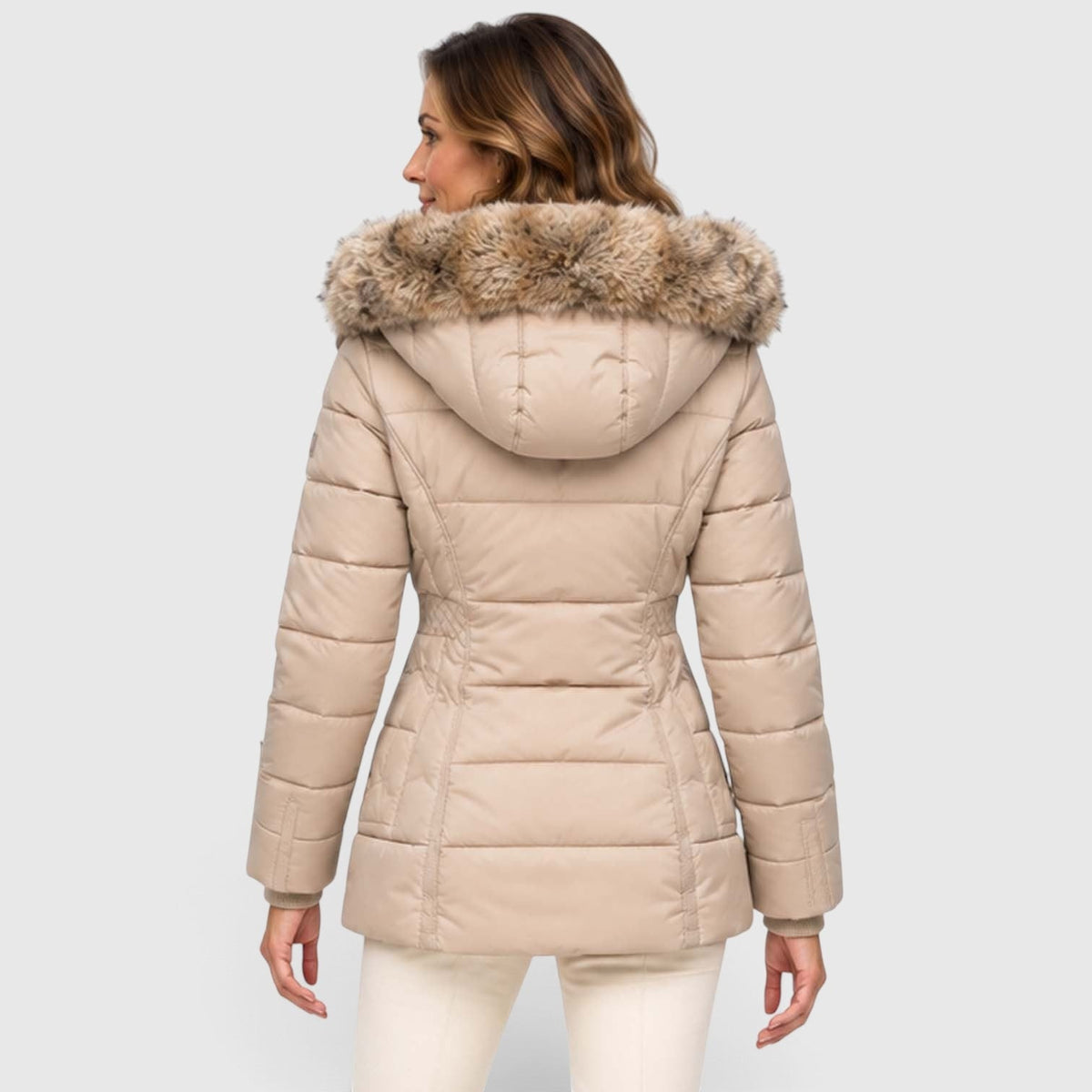 Women's Quilted Puffer Jacket With Faux Fur Hood - Image 3