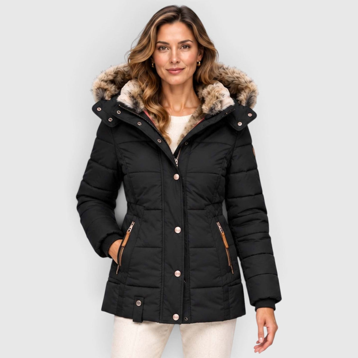 Women's Quilted Puffer Jacket With Faux Fur Hood - Image 4