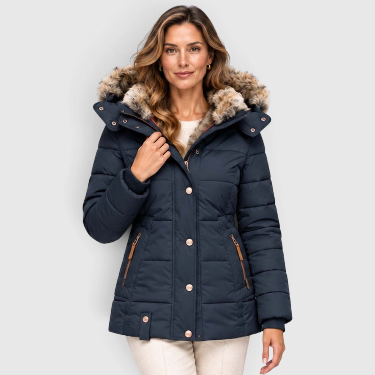 Women's Quilted Puffer Jacket With Faux Fur Hood - Image 5