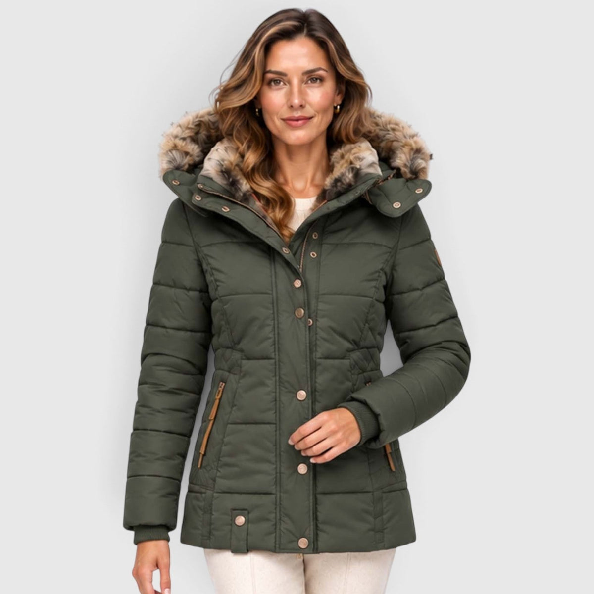 Women's Quilted Puffer Jacket With Faux Fur Hood - Image 6