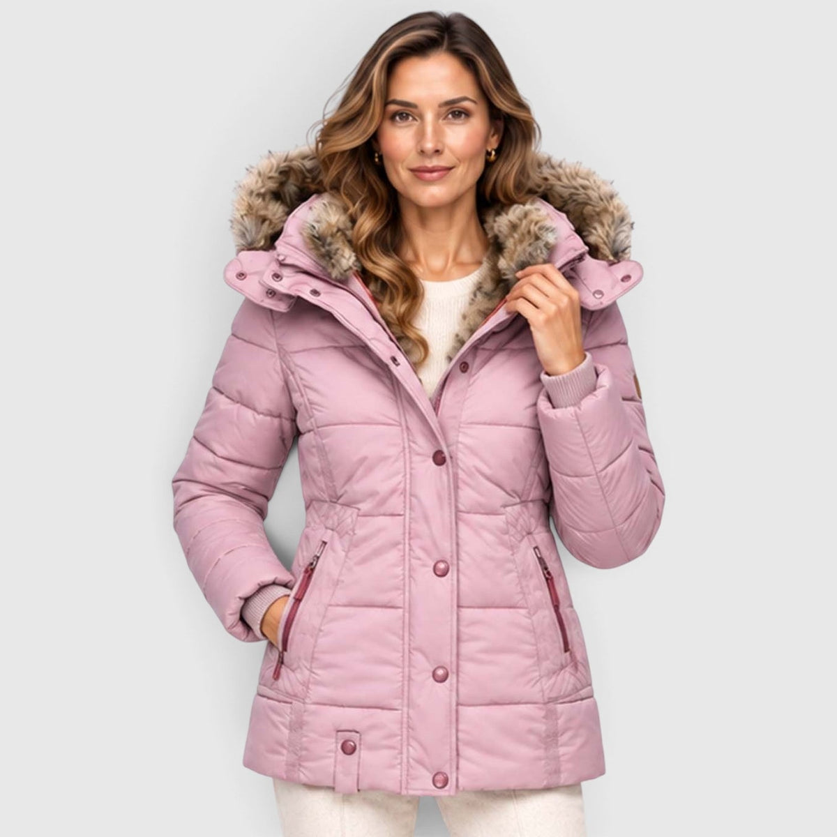 Women's Quilted Puffer Jacket With Faux Fur Hood - Image 7